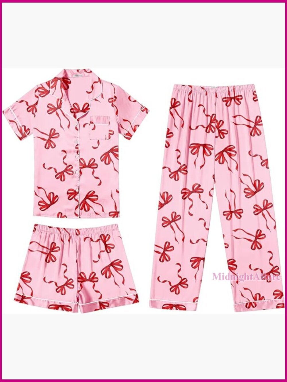 Satin Pajama Set Women 3 Piece Short Sleeve Button Down Sleepwear S-XXL